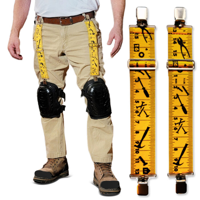 an image of a man wearing a pair of yellow tape measure knee pad hangers to hold up his knee pads.