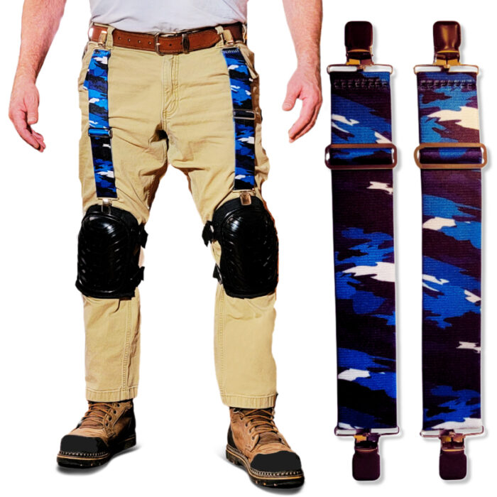 an image of a man wearing a pair of sky street camo knee pad hangers to hold up his knee pads.
