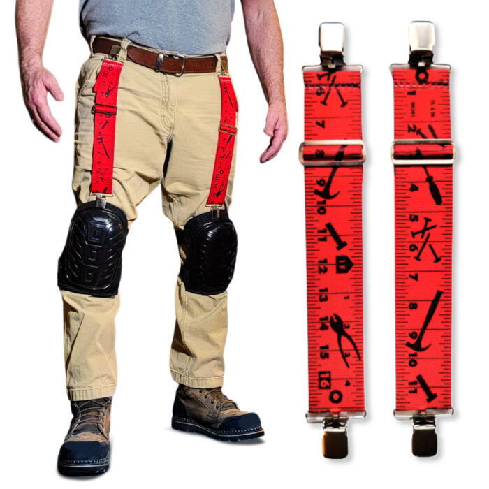 an image of a man wearing a pair of red tape measure knee pad hangers to hold up his knee pads.