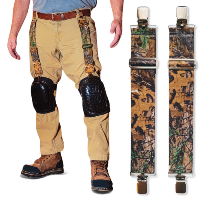 an image of a man wearing a pair of real tree camo knee pad hangers to hold up his knee pads.