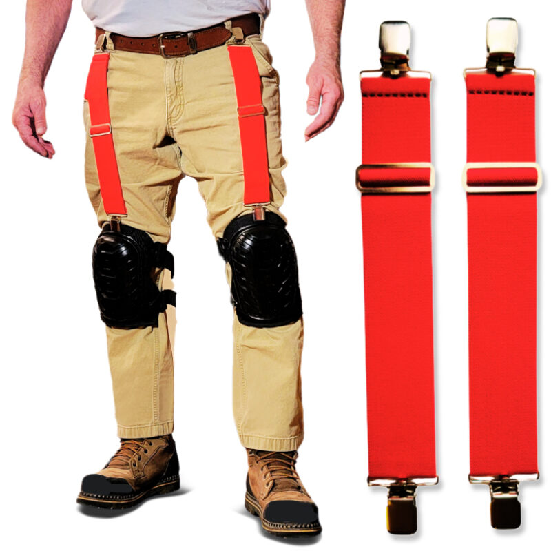 Red Knee Pad Hangers are deigned with adjustable straps made to attach to workers kneepads and keep them on workers knees all day.