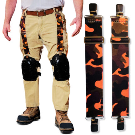 an image of a man wearing a pair of orange Blaze orca knee pad hangers to hold up his knee pads.