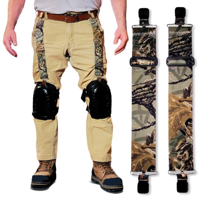 an image of a man wearing a pair of forest green camo knee pad hangers to hold up his knee pads.