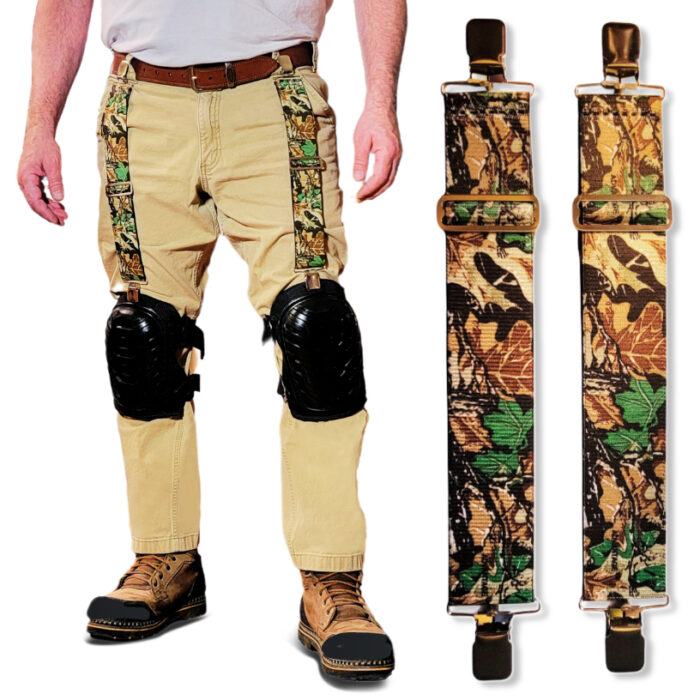 an image of a man wearing a pair of advantage knee pad hangers to hold up his knee pads.