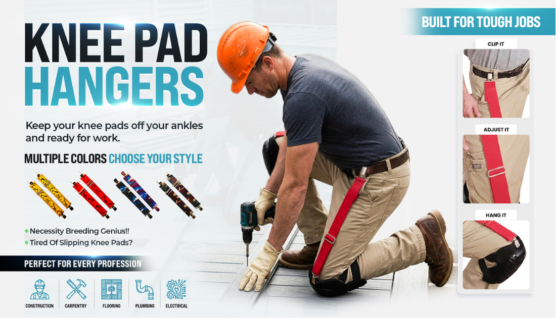 image of a man wearing red knee pad hangers to hold up his knee pads while working on the jobsite outside on the roof