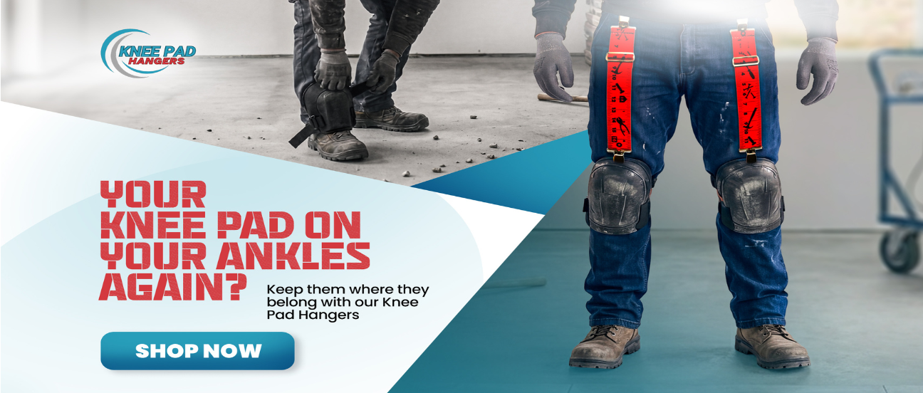 a kneepad hanger banner showing a man with sliping knee pads and the solution to keeping your knee pads on your knees. Knee pad hangers!