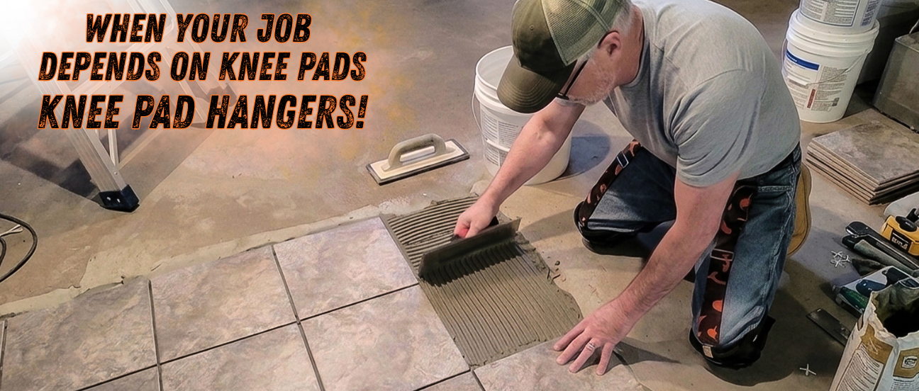 Tile installer kneeling down to install tile while wearing knee pad hangers to hold UP his knee pads