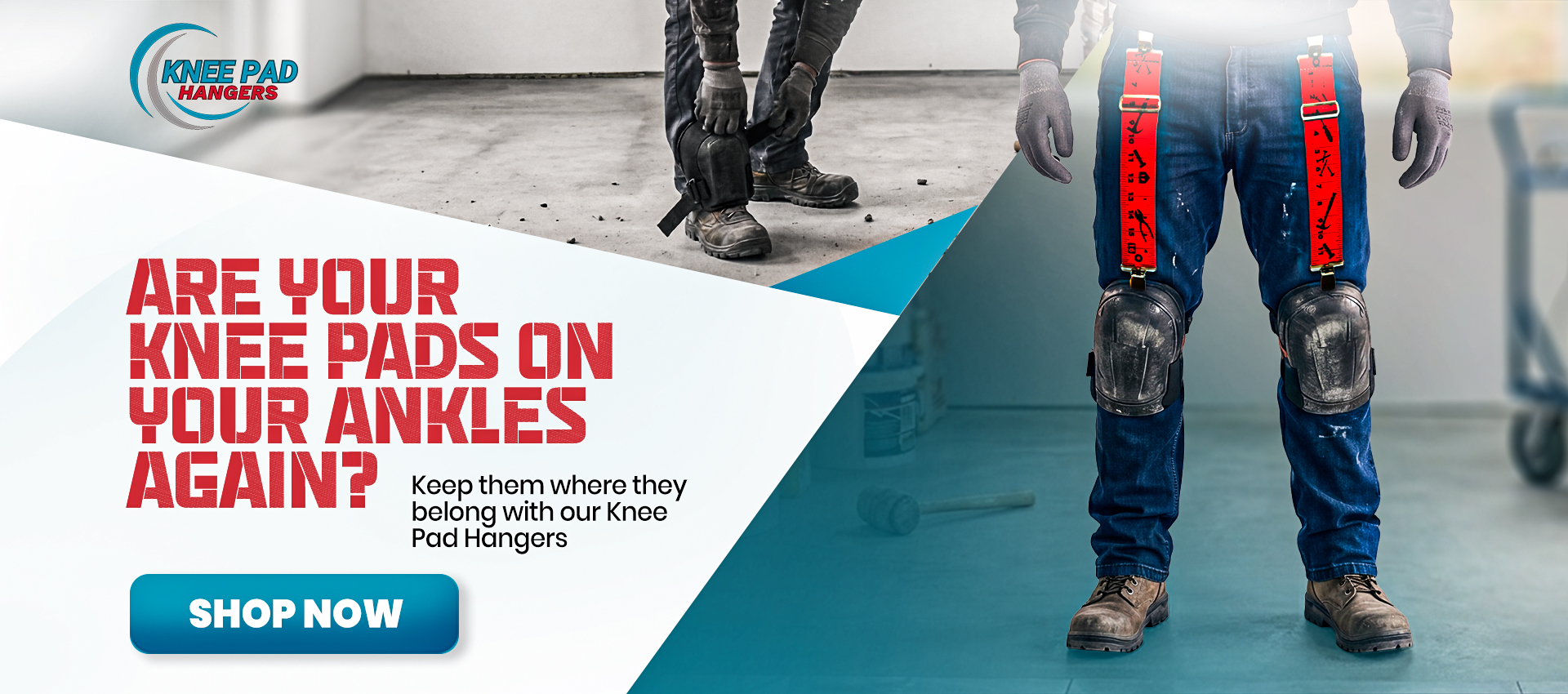 Banner Image Tile installer standing rady for work while wearing a pair of knee pads hangers to hold up his knee pads while on the left in the backround is another worker dwith his knee pads around his ankles agian