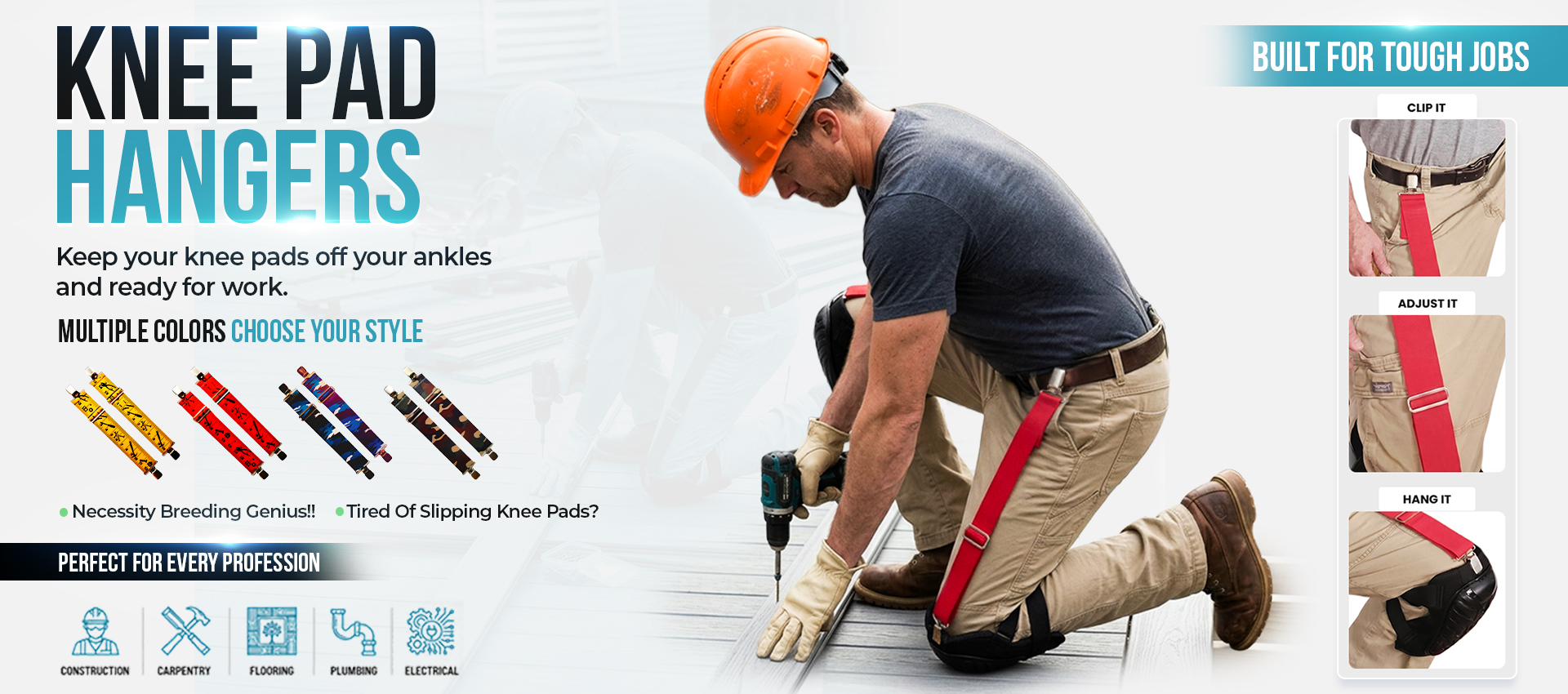 banner image of a construction worker kneeing wearing res knee pad hangers to hold up his knee pads wdhile he is using a drill