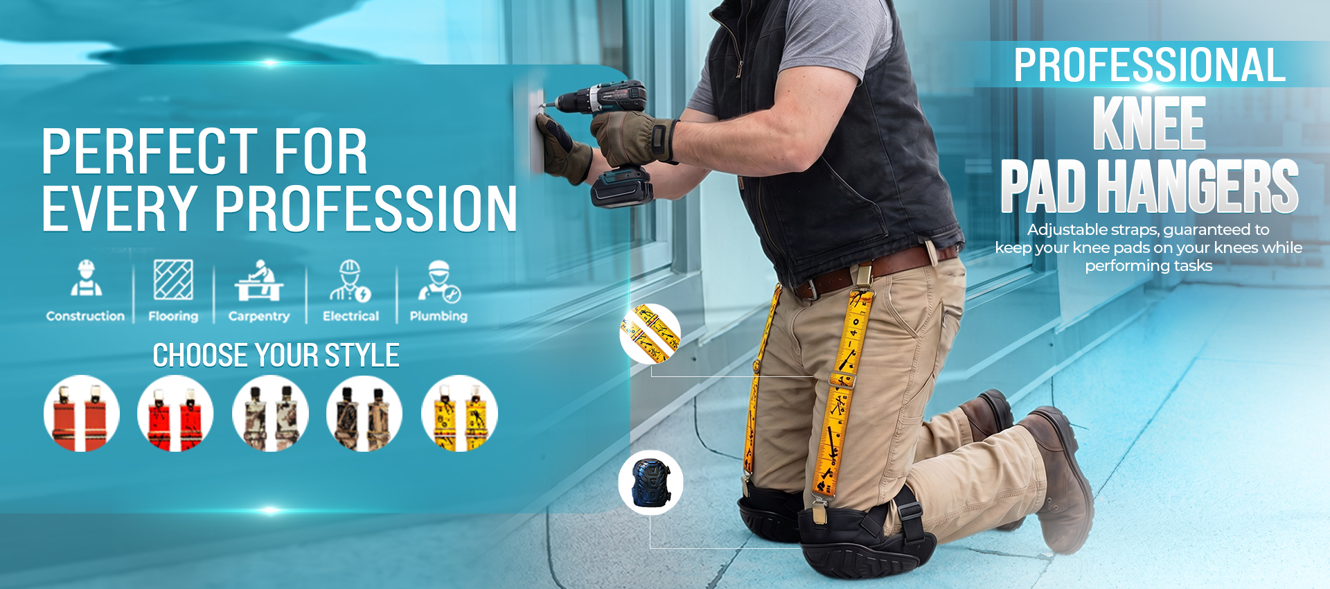 A banner image of a man wearing yellow tape measure knee pad hangers to hold up his knee pads while working indoors doing consruction work