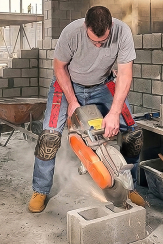 A mason tender laborer is wearing a pair of red tape measure knee pad hangers to hold up his knee pads while using a hasqvarna chop saw to cut cinder block on a masonry jobsite