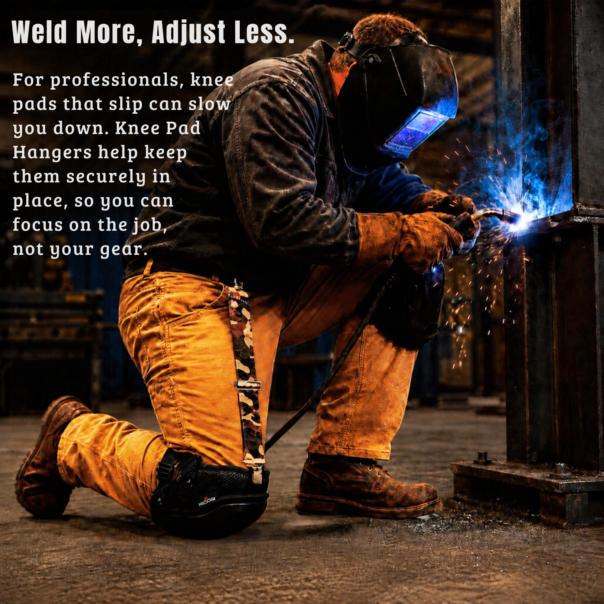 welder welding wearing knee pad hangers to hold up his knee pads